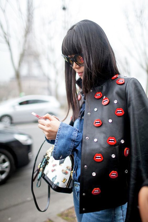 le-fashion-blog-bangs-mirrored-sunglasses-leather-jacket-with-lip-pins-denim-button-down-shirt-crossbody-bag-jeans-via-wwd