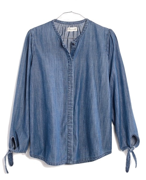 the fashion magpie madewell denim tie sleeve top