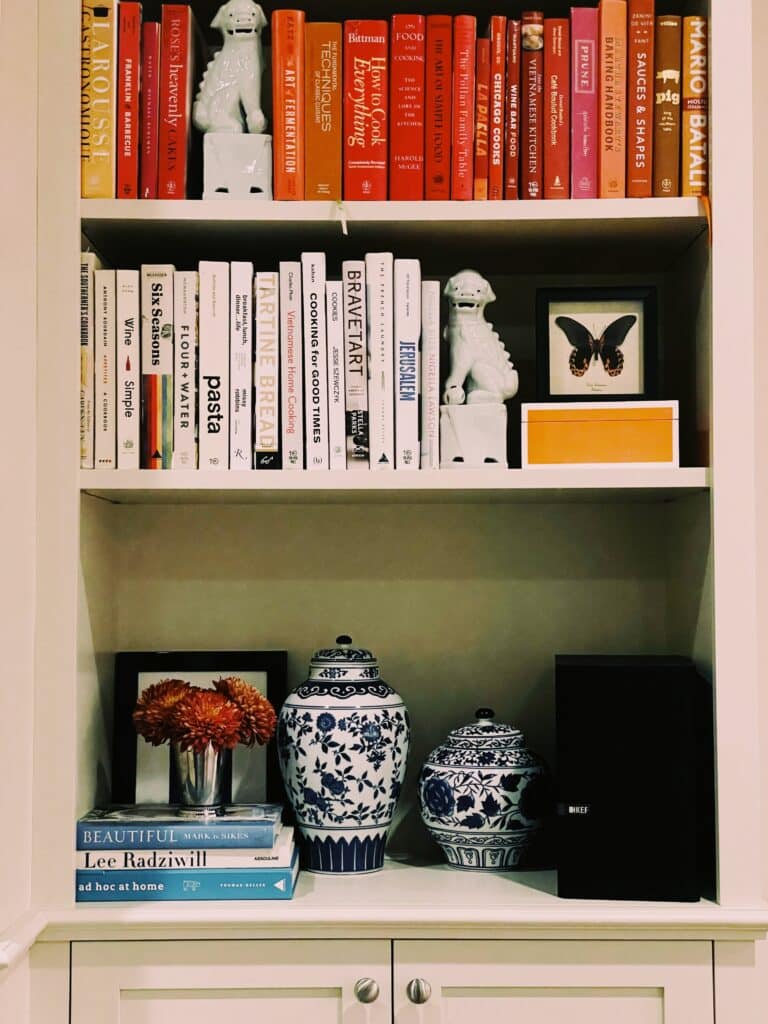 bookshelf styling with ginger jars