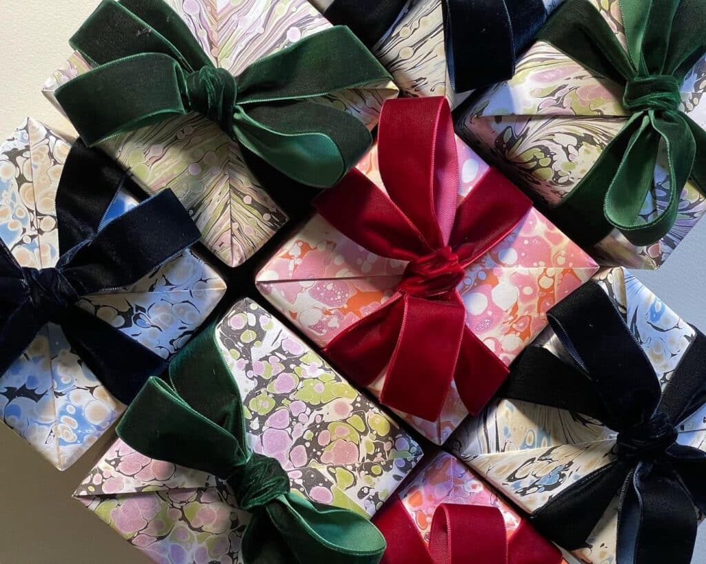 marbled gift wrap with velvet ribbon