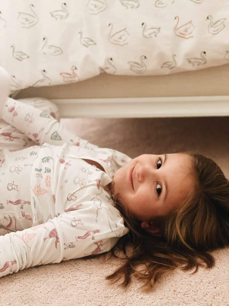 little girl wearing petidoux winter pajamas