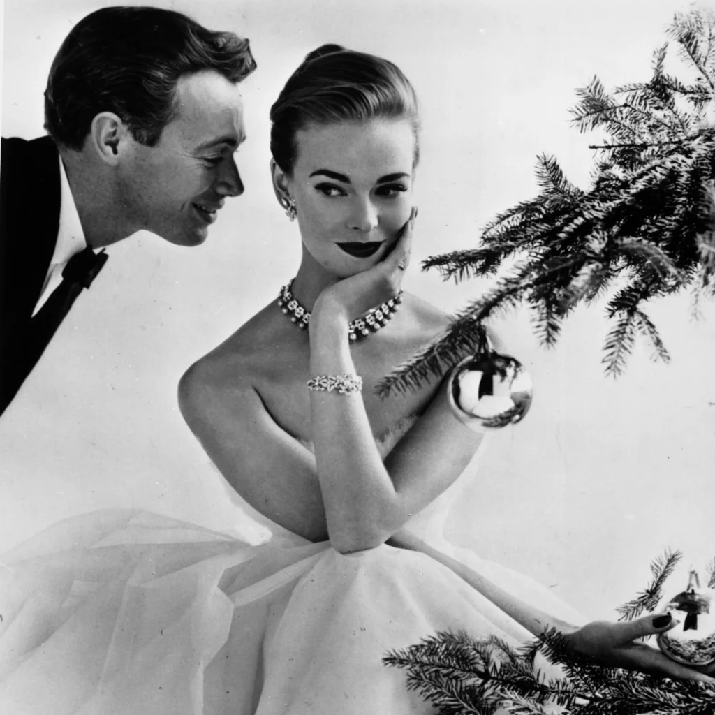 vintage vogue photo of woman by christmas tree
