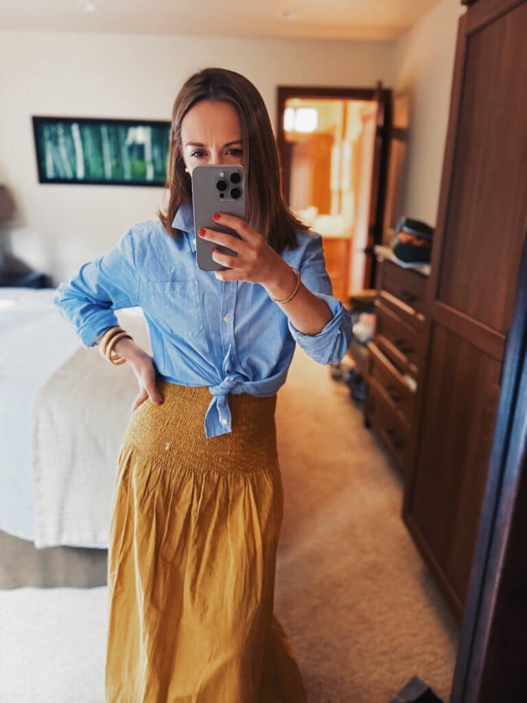 sezane boyfriend button down shirt styled with skirt