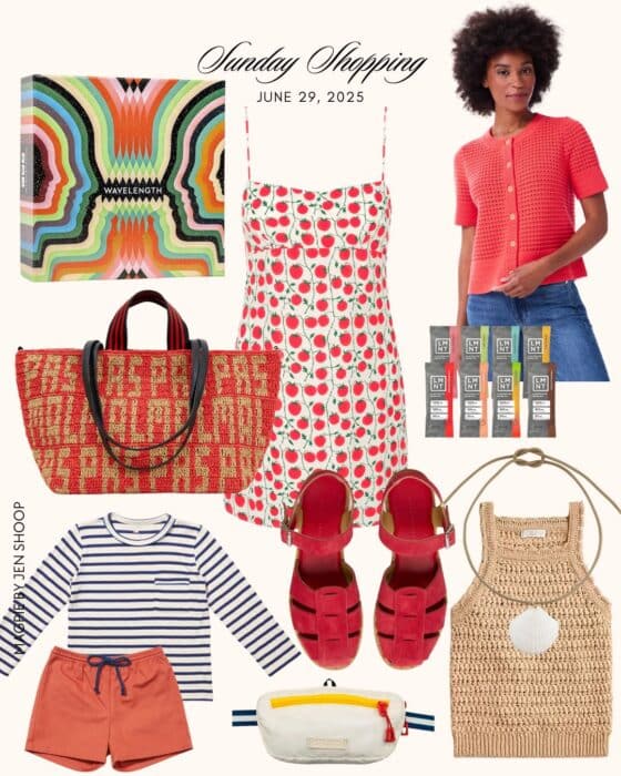 summer shopping collage with red and crochet