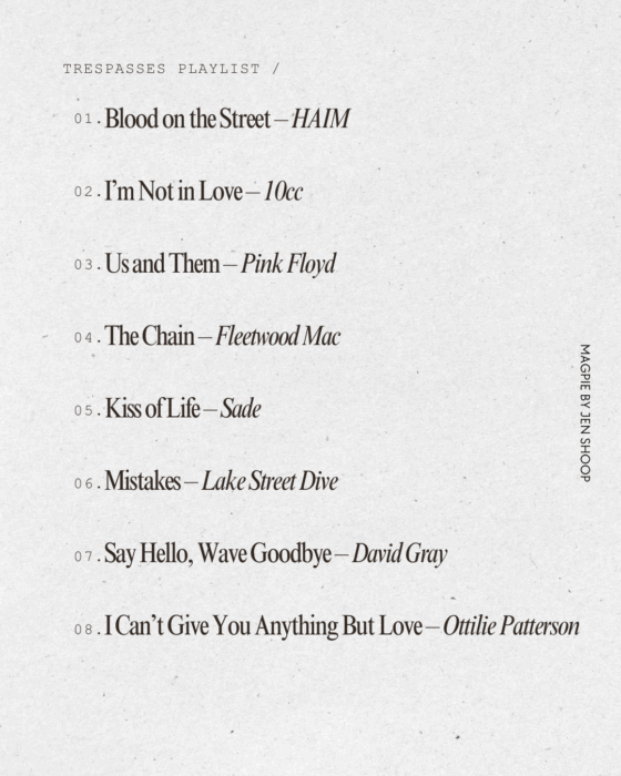trespasses by louise kennedy playlist