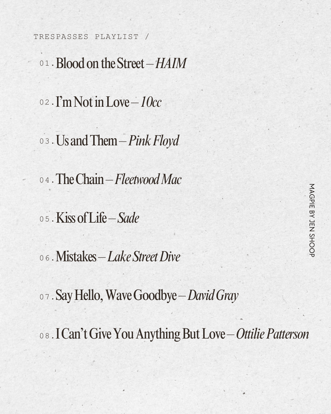 trespasses by louise kennedy playlist