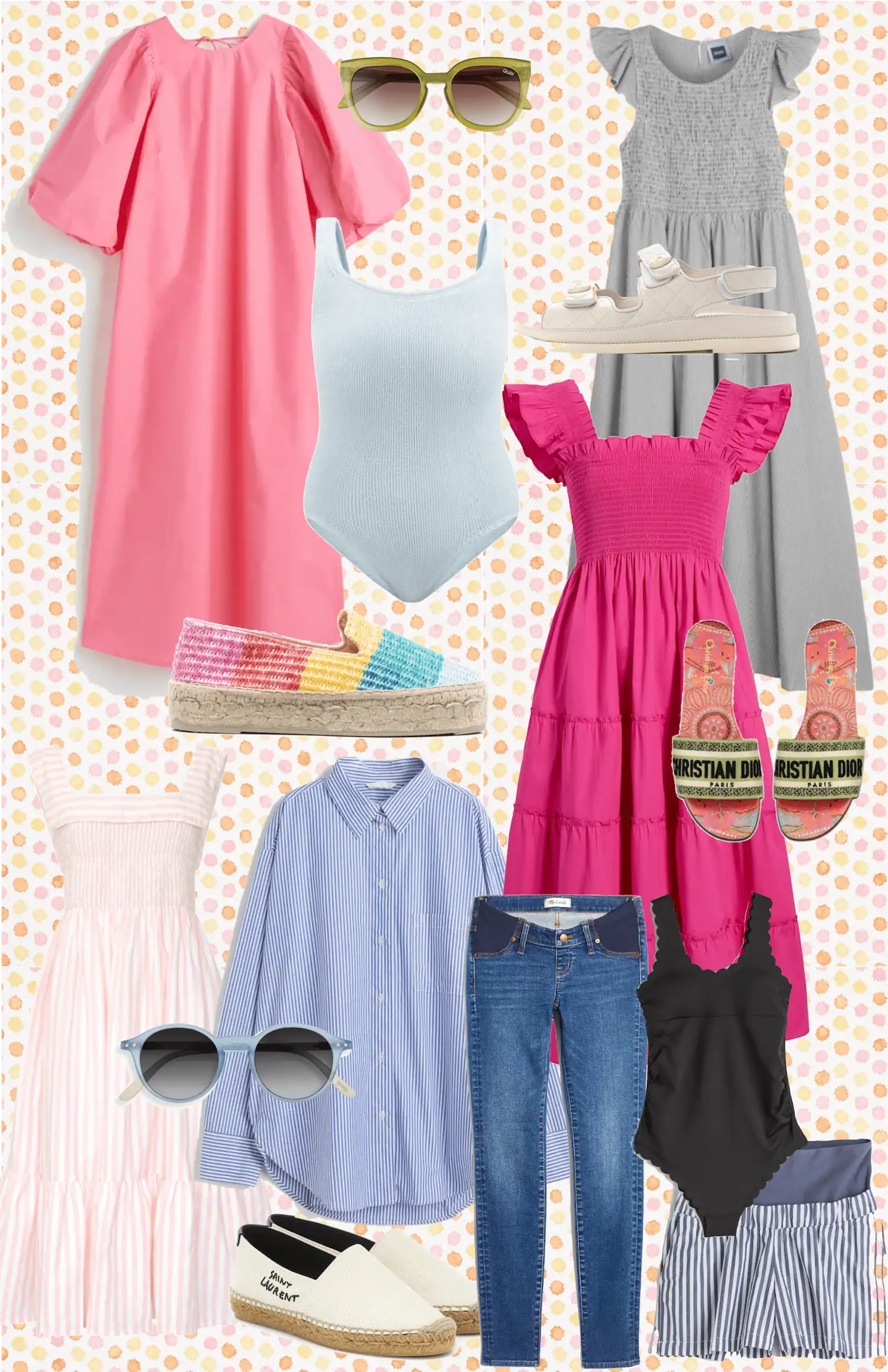 Collage of colorful maternity-friendly outfit ideas, including pink and gray smocked dresses, a bright pink tiered dress, striped sundress, blue button-down shirt, skinny jeans with a stretchy waistband, striped maternity shorts, swimsuits, espadrilles, sandals, and round sunglasses on a polka-dot background.