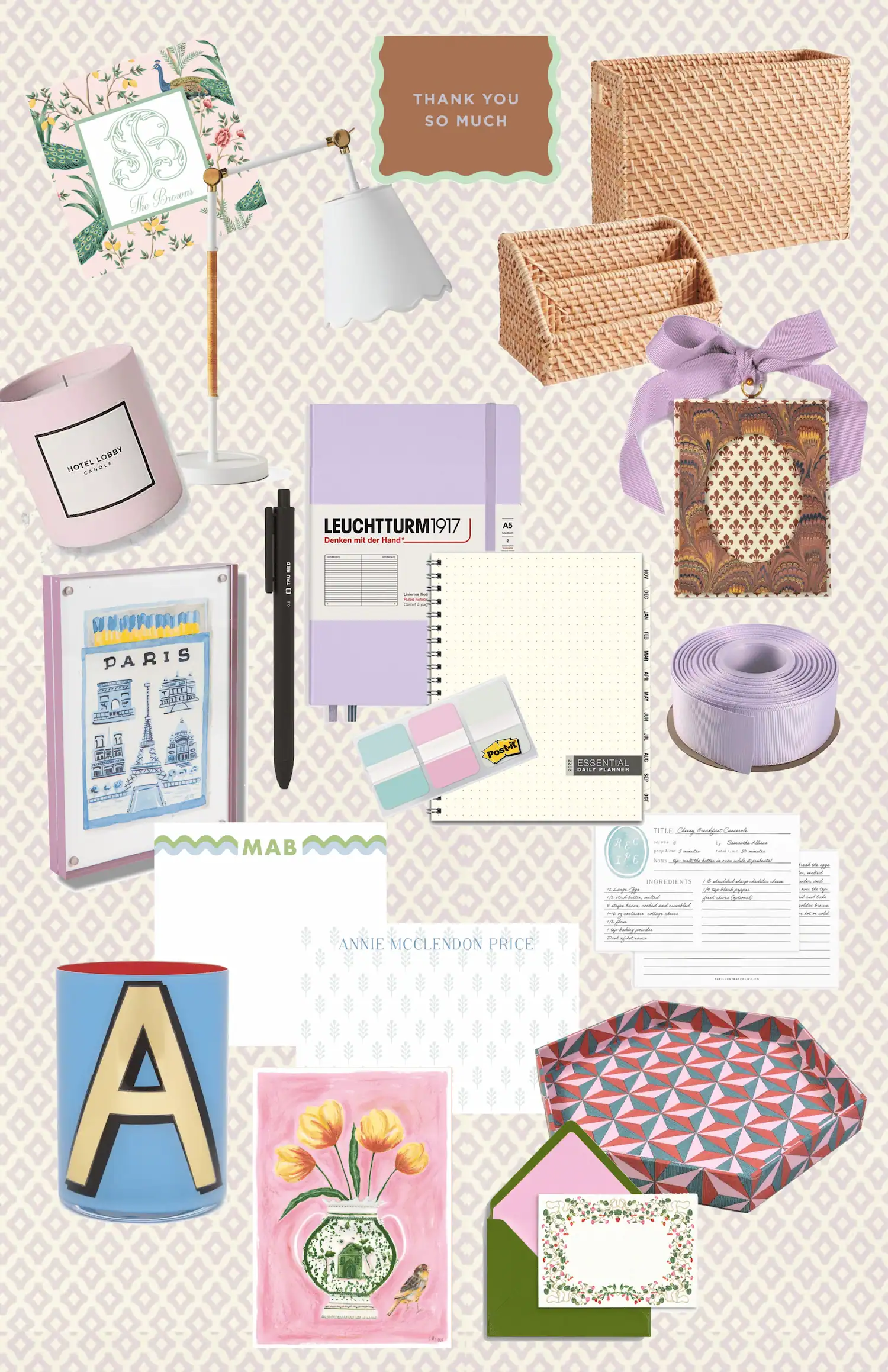 Collage of pretty paper goods and desktop accessories, including notebooks, personalized notecards, recipe cards, a Paris print, thank-you card, floral art, woven desk organizers, a scalloped white desk lamp, a lilac candle, ribbon, pens, Post-it tabs, and a colorful tray arranged on a patterned background.