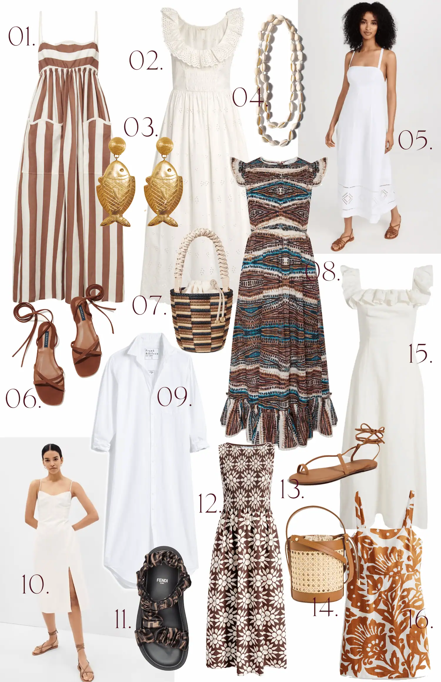 Collage of sixteen numbered warm-weather outfit ideas in brown, white, and sandy tones, featuring striped and floral dresses, white sundresses, a shirt dress, flat sandals, shell necklace, gold fish earrings, woven bucket bags, and patterned midi dresses styled for a beach or resort vacation.