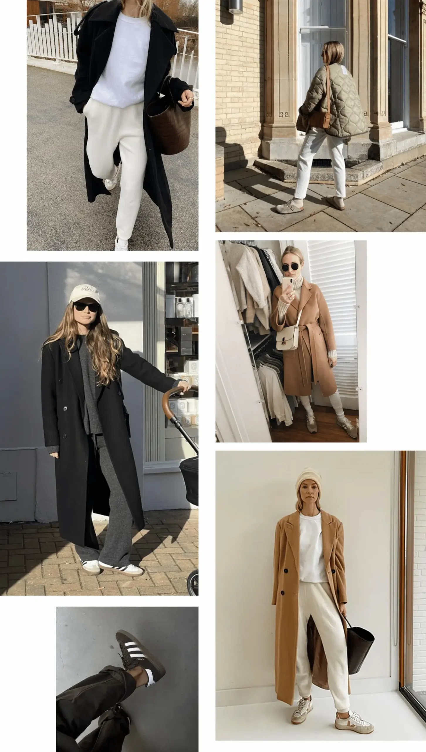 Collage of fall athleisure outfits showing women in long black and camel coats layered over sweatshirts and joggers, styled with sneakers, quilted jackets, beanies, sunglasses, and a close-up of Adidas sneakers.