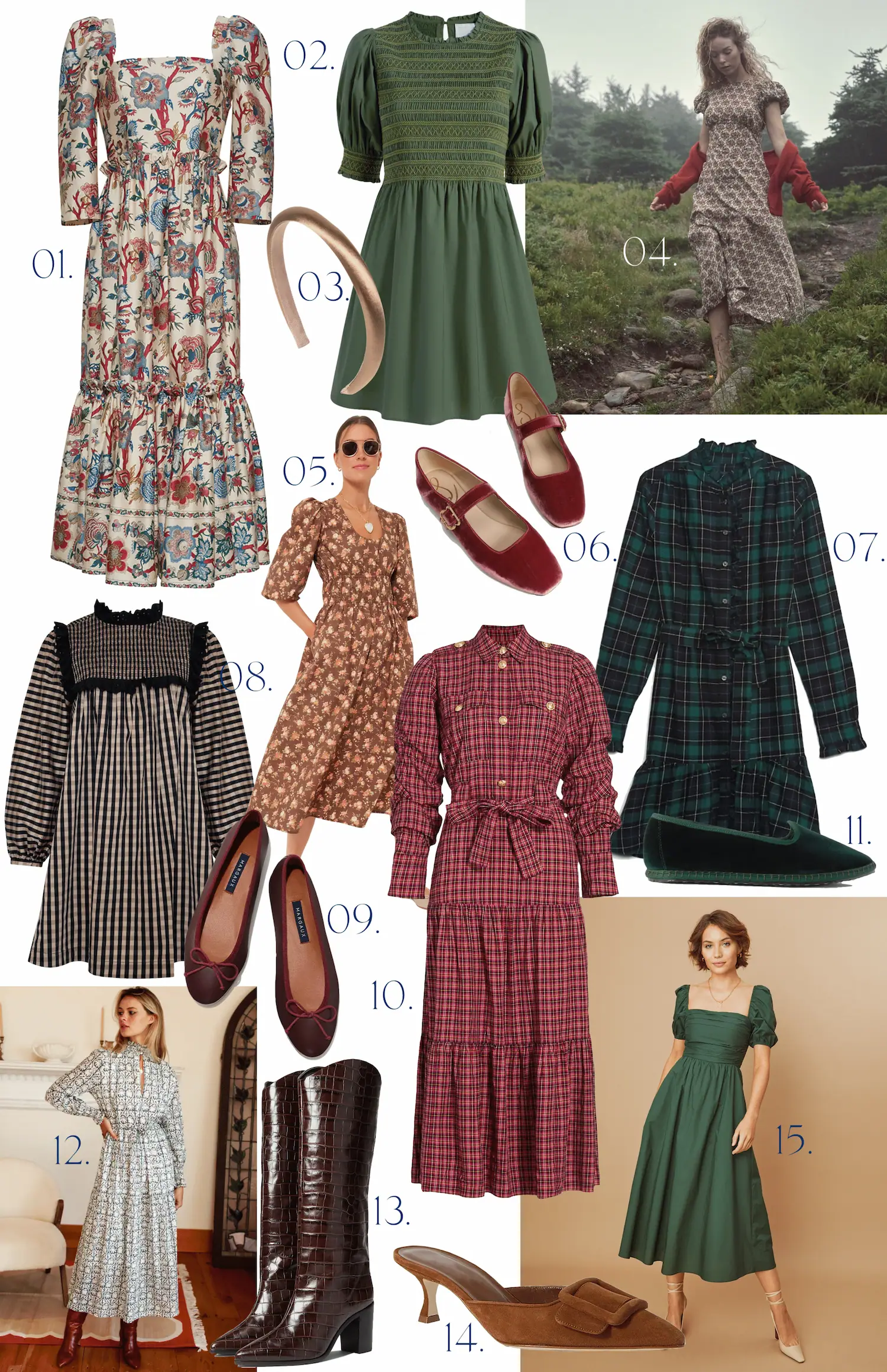Collage of fifteen numbered outfit ideas for family photo shoots, featuring floral and plaid midi dresses in autumnal colors, green smocked and puff-sleeve dresses, velvet flats, heeled mules, tall brown boots, and a velvet headband worn by women in styled lookbook shots.