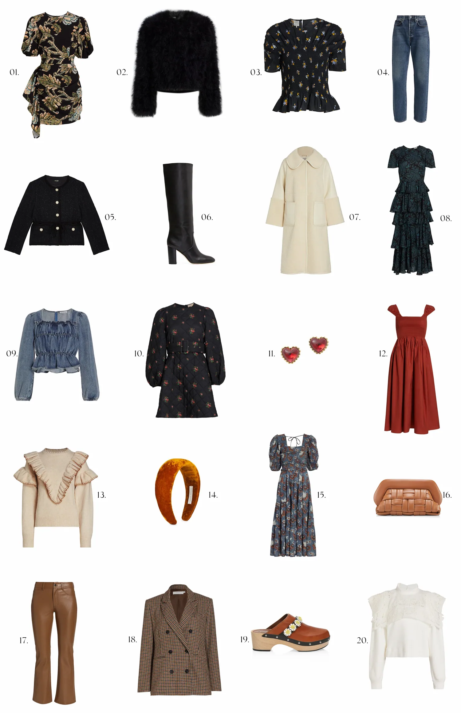 Collage of twenty numbered fall fashion pieces, including printed mini and midi dresses, a black faux-fur jacket, floral blouse, straight-leg jeans, black tweed jacket, tall black boots, cream cocoon coat, tiered lace dress, smocked denim top, quilted floral dress, heart earrings, rust-red sundress, ruffled tan sweater, velvet headband, floral puff-sleeve dress, tan woven clutch, brown leather pants, checked blazer, brown clogs with daisy detail, and a white lace yoke sweater.