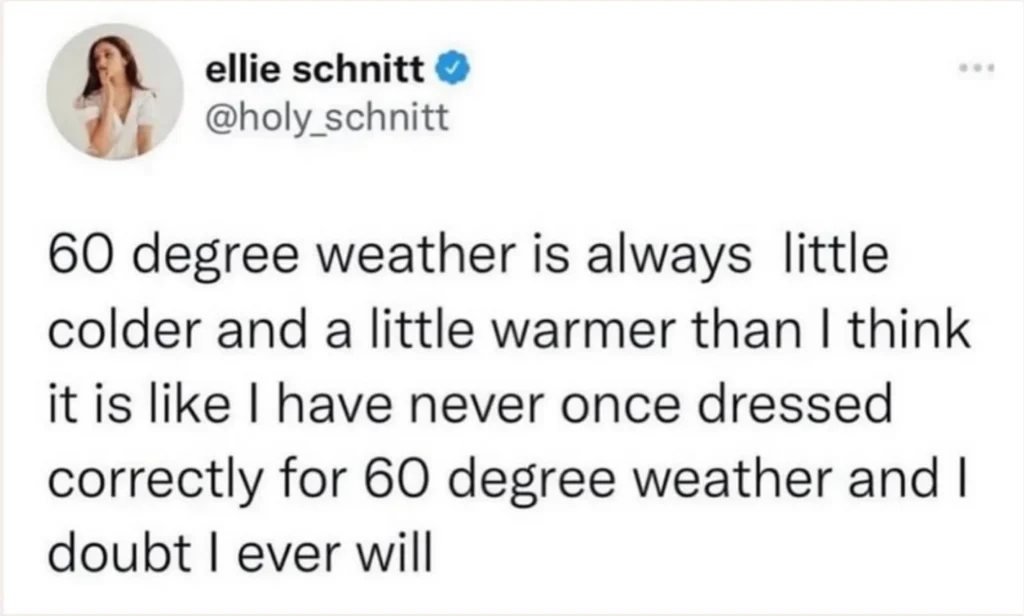 Screenshot of a tweet by ellie schnitt (@holy_schnitt) that reads: “60 degree weather is always little colder and a little warmer than I think it is like I have never once dressed correctly for 60 degree weather and I doubt I ever will.”