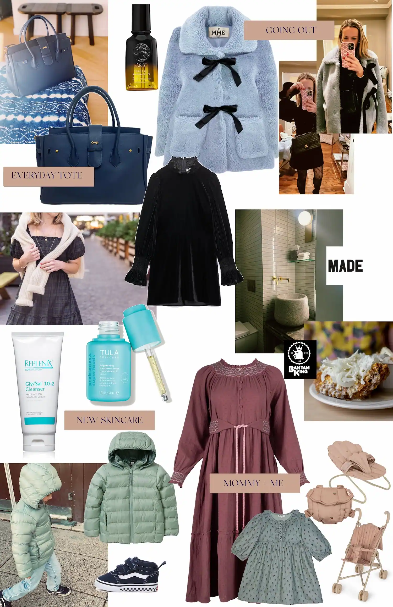 Weekly favorites collage featuring an everyday tote, going-out outfit, skincare, a kids puffer coat, and mommy-and-me dresses