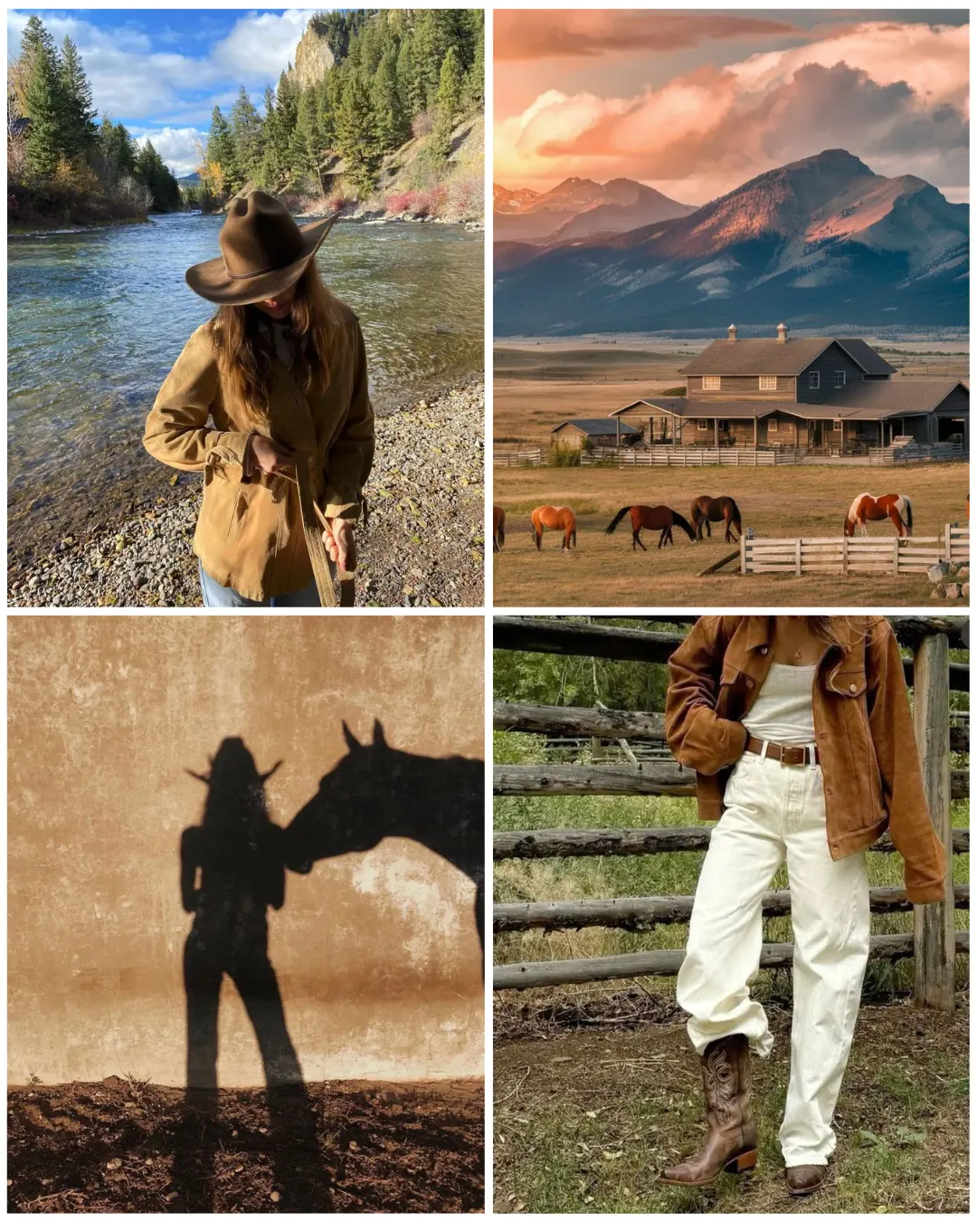 Four-image collage with an American West theme: a person in a cowboy hat by a river, a ranch house with horses in a pasture beneath mountain sunset skies, a shadow silhouette of a person and a horse, and an outfit detail featuring a brown jacket, white jeans, and cowboy boots by a wooden fence.