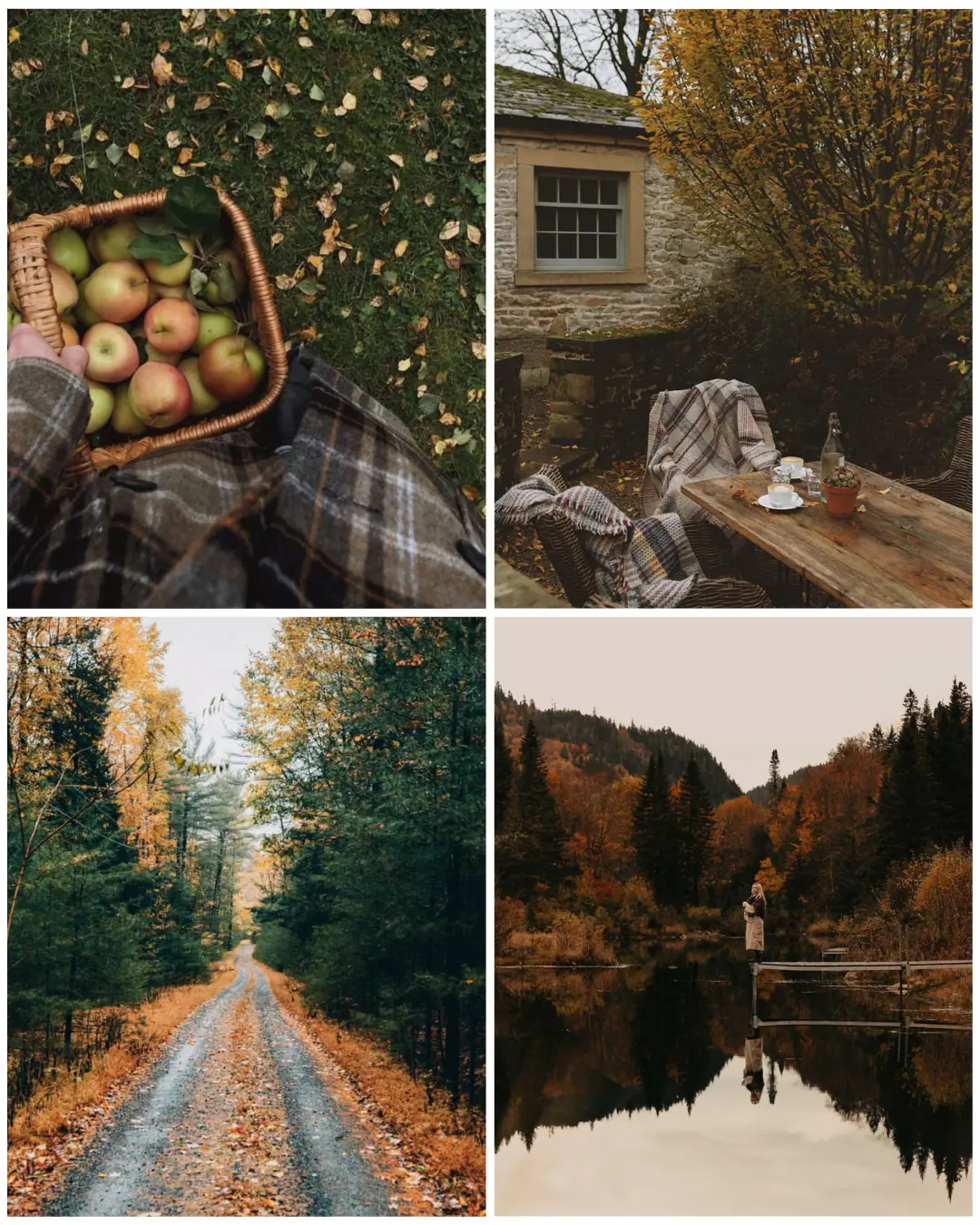Four-photo autumn mood board featuring a basket of apples on grass, a cozy stone cottage patio with blankets, a leaf-strewn forest road, and a person standing on a dock reflected in a calm lake.