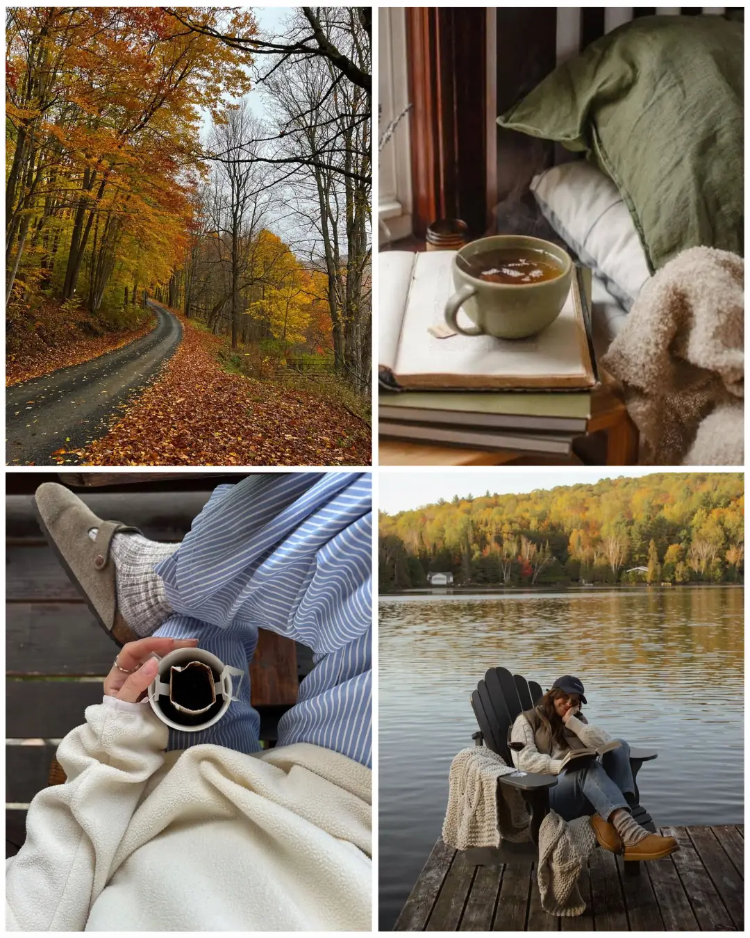 Four-image autumn mood board showing a winding road through fall foliage, a bedside tea on stacked books, a cozy coffee-and-blanket moment in striped pajamas, and someone reading on Adirondack chairs at the edge of a lake with colorful trees beyond.