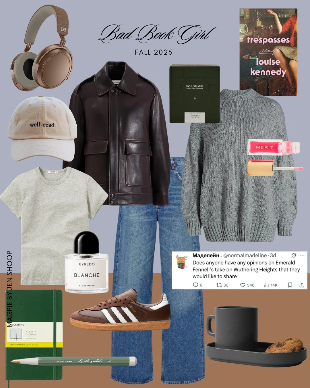 “Bad Book Girl” fall 2025 collage featuring a leather jacket, gray sweater, jeans, Adidas sneakers, headphones, “well-read” cap, notebooks and pen, Byredo Blanche, Merit lip product, a mug-and-snack set, book covers, and a literary tweet.
