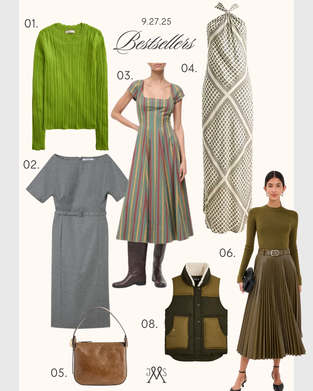 Bestsellers collage dated 9.27.25 featuring a bright green ribbed sweater, a gray belted midi dress, a multicolor striped dress with puff sleeves and tall brown boots, a cream-and-black patterned scarf, a brown shoulder bag, an olive long-sleeve top with a pleated skirt, and a green-and-tan quilted vest.