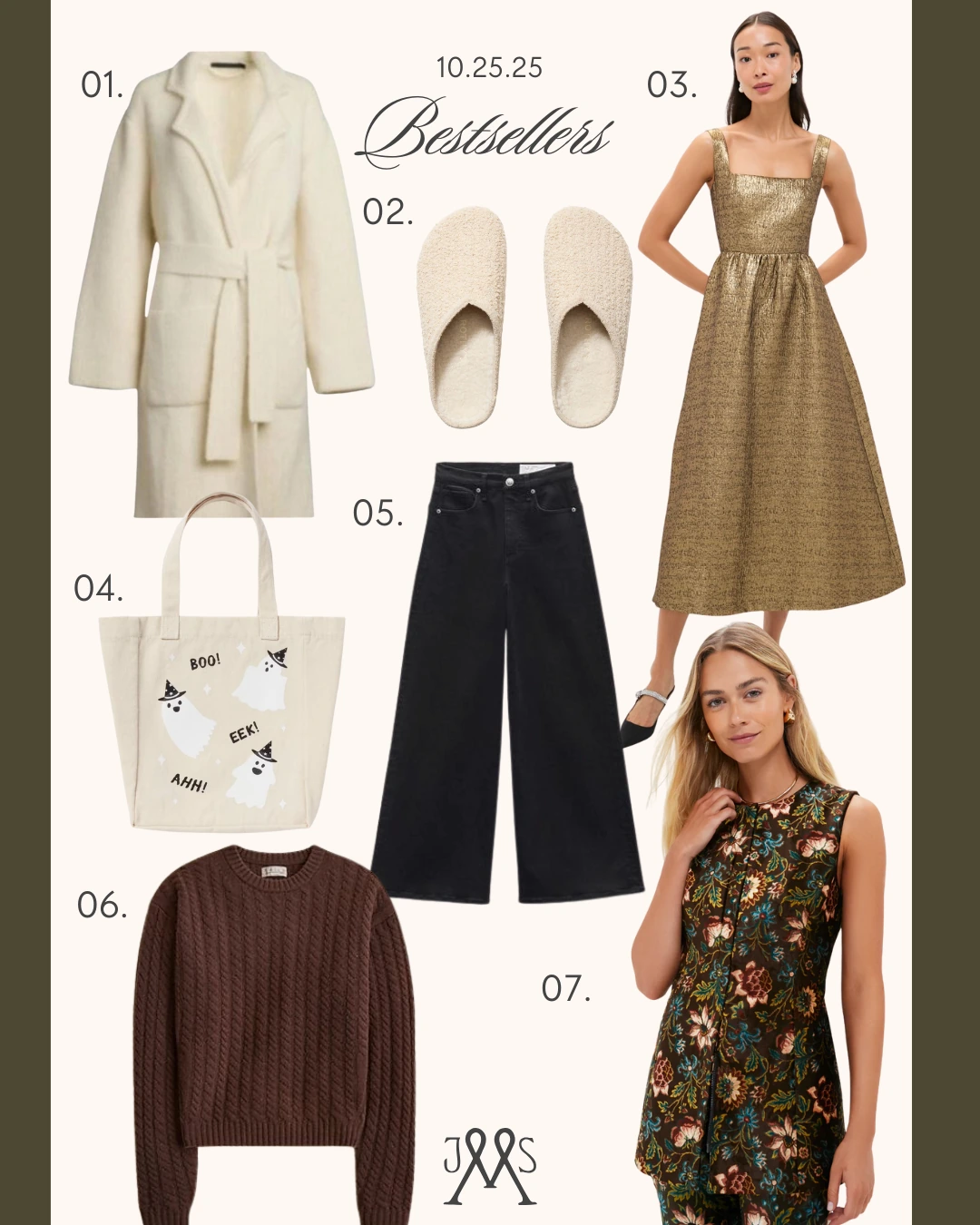 “Bestsellers” collage dated 10.25.25 featuring a cream wrap coat, cream slip-on slippers, a gold sleeveless midi dress, a canvas Halloween ghost tote, black wide-leg jeans, a brown cable-knit sweater, and a floral sleeveless dress.