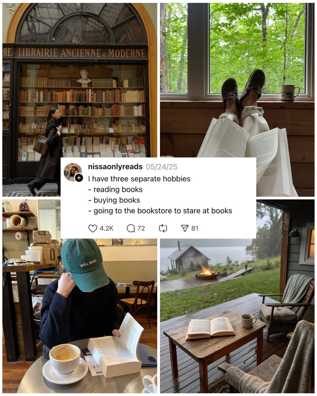 Collage of cozy bookish scenes—bookstore window, reading by a cabin window, coffee shop reading, and a rainy porch with a book—overlaid with an Instagram post that reads “I have three separate hobbies: reading books, buying books, going to the bookstore to stare at books.”