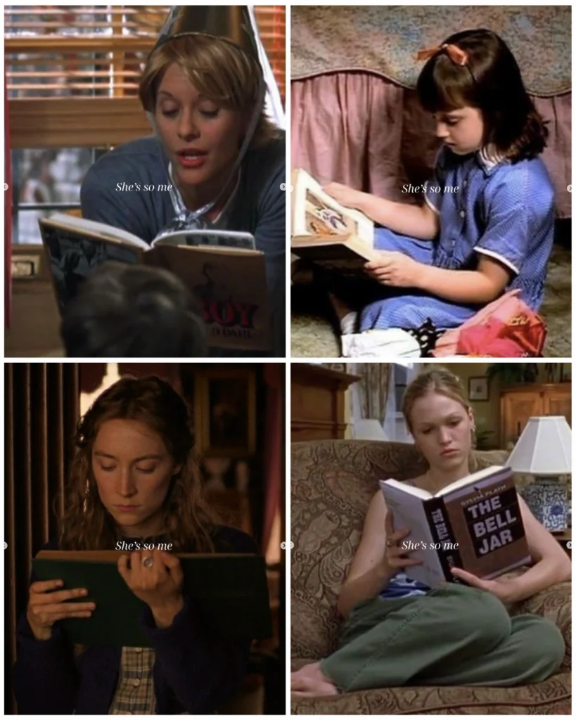 Four-panel collage of women and a girl reading books in movie scenes, each image overlaid with the text “She’s so me.”