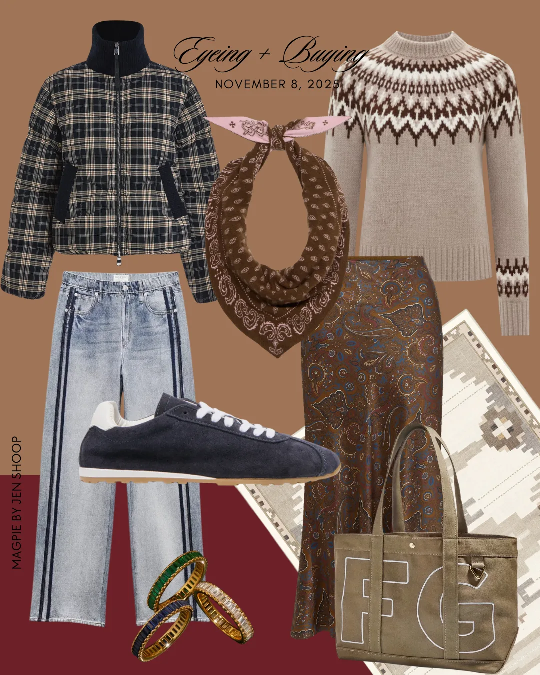 “Eyeing + Buying” collage dated November 8, 2025 featuring a plaid zip jacket, Nordic sweater, brown bandana scarf, striped jeans, navy suede sneakers, patterned skirt, green tote bag, stacked bangles, and a neutral patterned rug.
