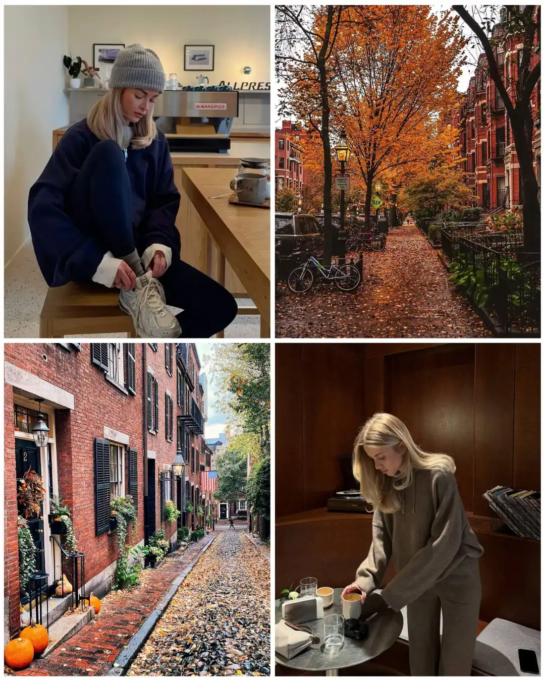 Four-photo fall collage featuring a woman in a beanie tying sneakers in a coffee shop, an autumn tree-lined city street with brownstones and bikes, a cobblestone lane with brick row houses and pumpkins, and a woman in neutral loungewear making coffee in a wood-paneled room.
