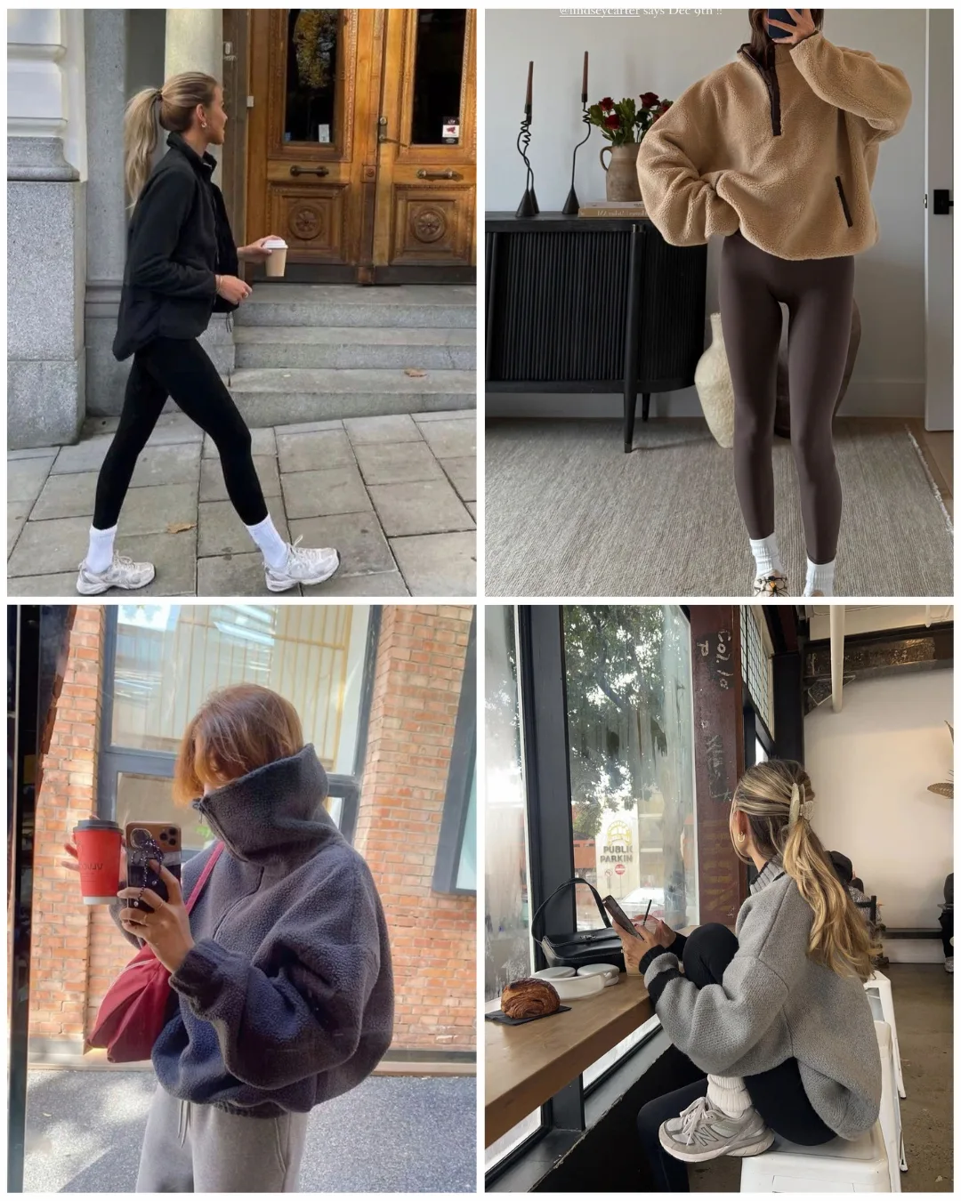 Four-photo collage of fall athleisure looks: women wearing fleece pullovers with leggings and sneakers, holding coffee on city sidewalks and sitting by a café window.
