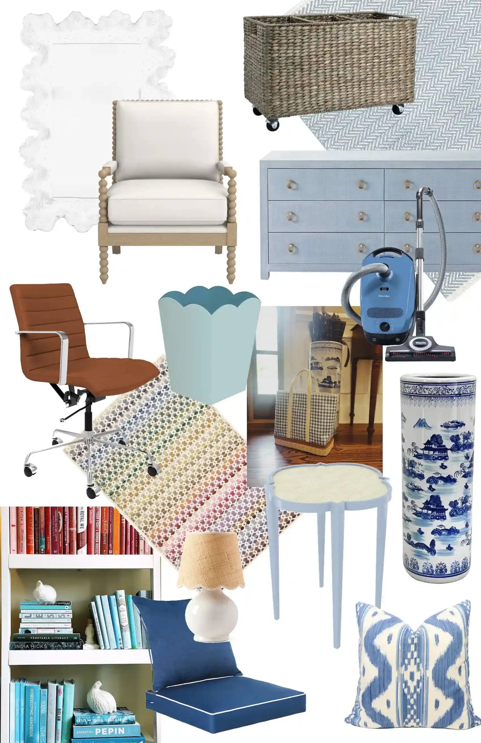 Home favorites collage featuring a ruffled mirror, accent chairs, woven basket, blue dresser, Miele vacuum, patterned rugs, a scalloped wastebasket, a blue-and-white ceramic garden stool, a small side table, a lamp, a bookshelf, chair cushions, and a blue patterned throw pillow.