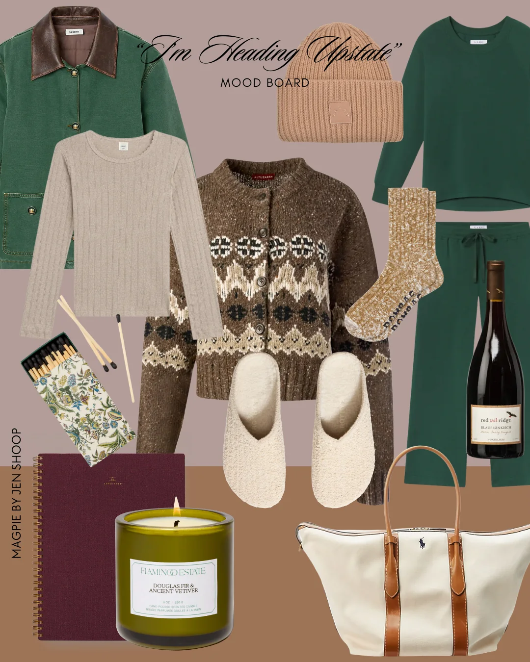 “I’m Heading Upstate” mood board featuring a green barn jacket with leather collar, a beige ribbed sweater, a brown fair isle cardigan, a knit beanie, green sweatshirt-and-shorts set, cozy socks and clogs, a weekend tote, a bottle of red wine, plus a candle, notebook, and matchbox.