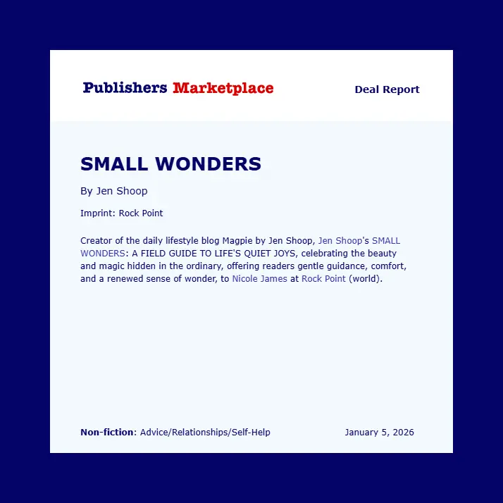 Small Wonders by Jen Shoop Publishers Marketplace Announcement
