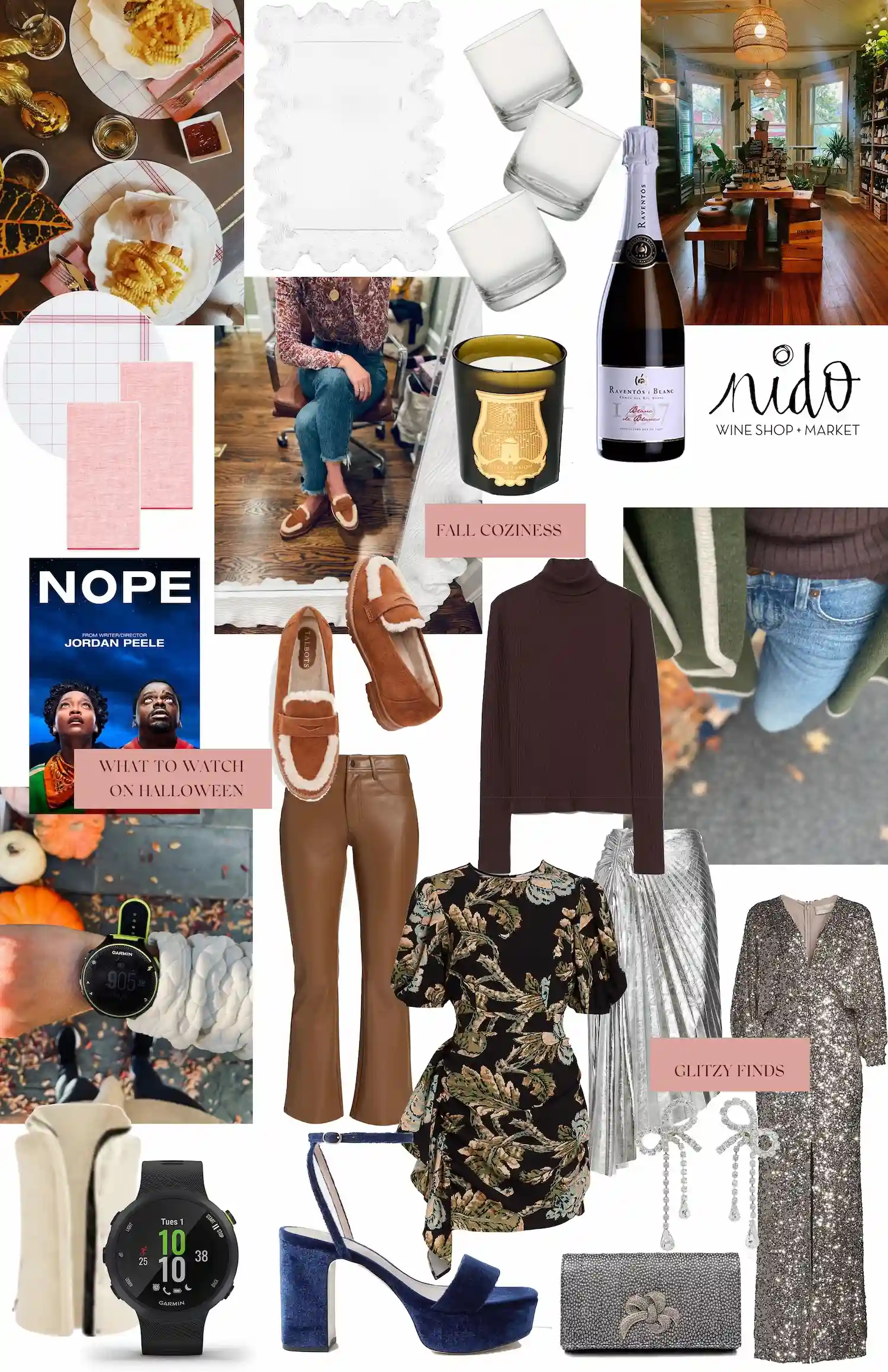Collage-style moodboard featuring fall dinner scenes, glassware, a wine bottle and “Nido Wine Shop + Market” logo, “Fall Coziness” label, “Glitzy Finds” label, the movie poster for Nope, seasonal lifestyle shots, and outfit items including shearling loafers, leather pants, a brown turtleneck, a floral dress, silver pleated skirt, sequin dresses, blue platform heels, jewelry, and a clutch.