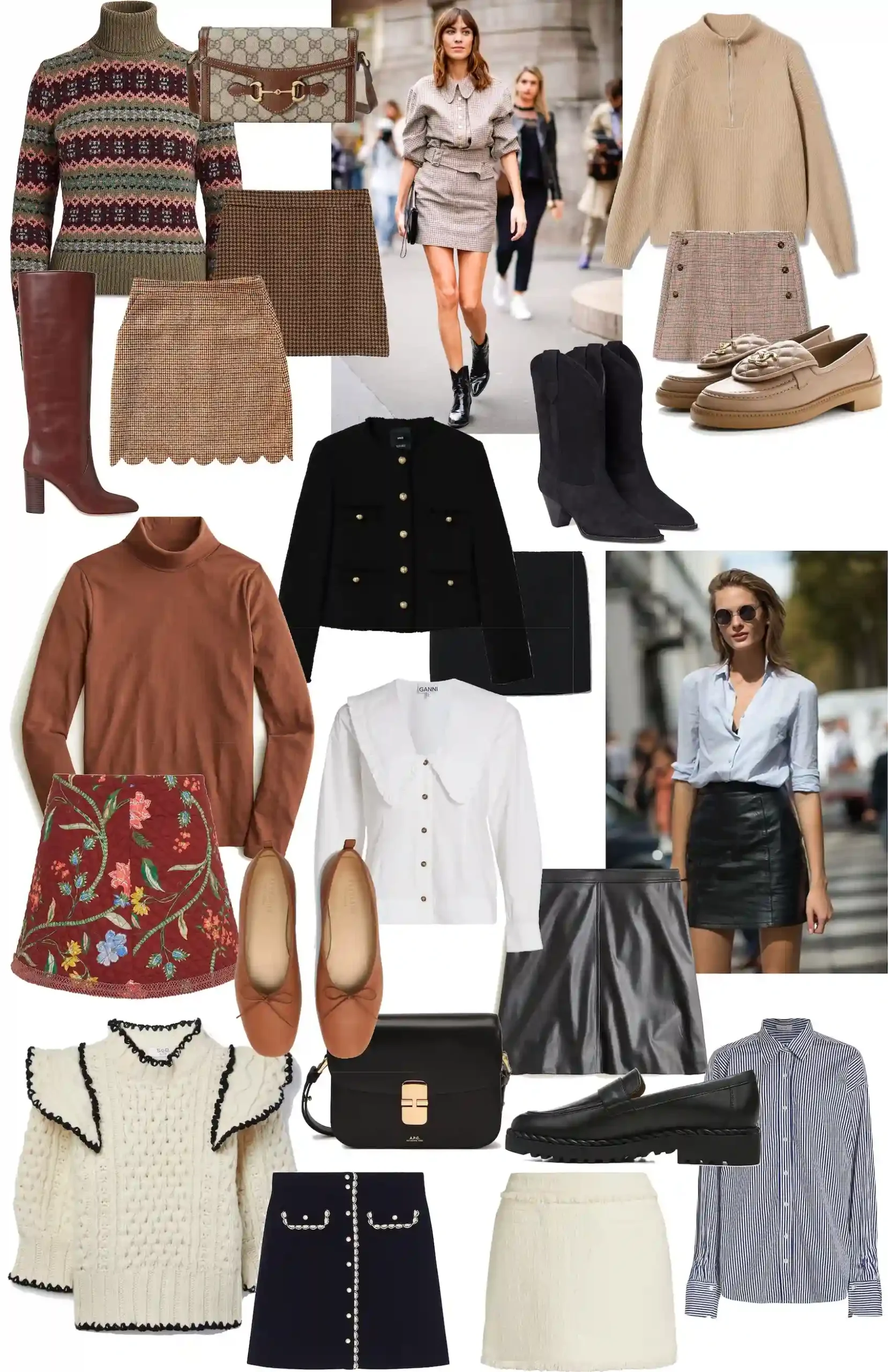 Mini skirt outfit collage featuring tweed and leather mini skirts, knit sweaters, button-front jackets, tall boots, loafers, and street style inspiration photos.