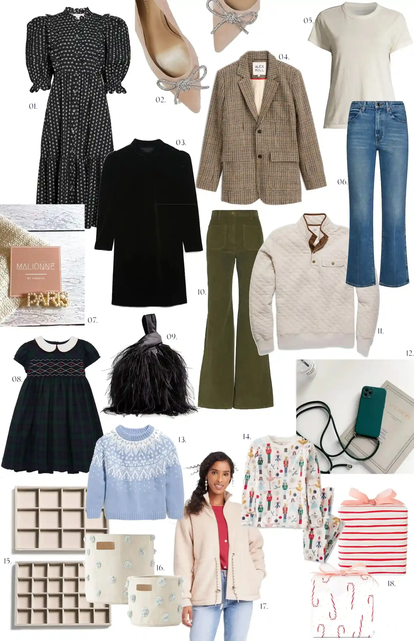 Numbered collage of most popular picks featuring a black floral puff-sleeve dress, rhinestone bow flats, black velvet dress, plaid blazer, white tee and flared jeans, a beaded “Paris” pouch, a plaid girls dress, feather bag, green corduroy pants, quilted pullover, phone lanyard, kids fair isle sweater, holiday pajama set, drawer organizers, storage bins, a sherpa jacket, and wrapped gifts.
