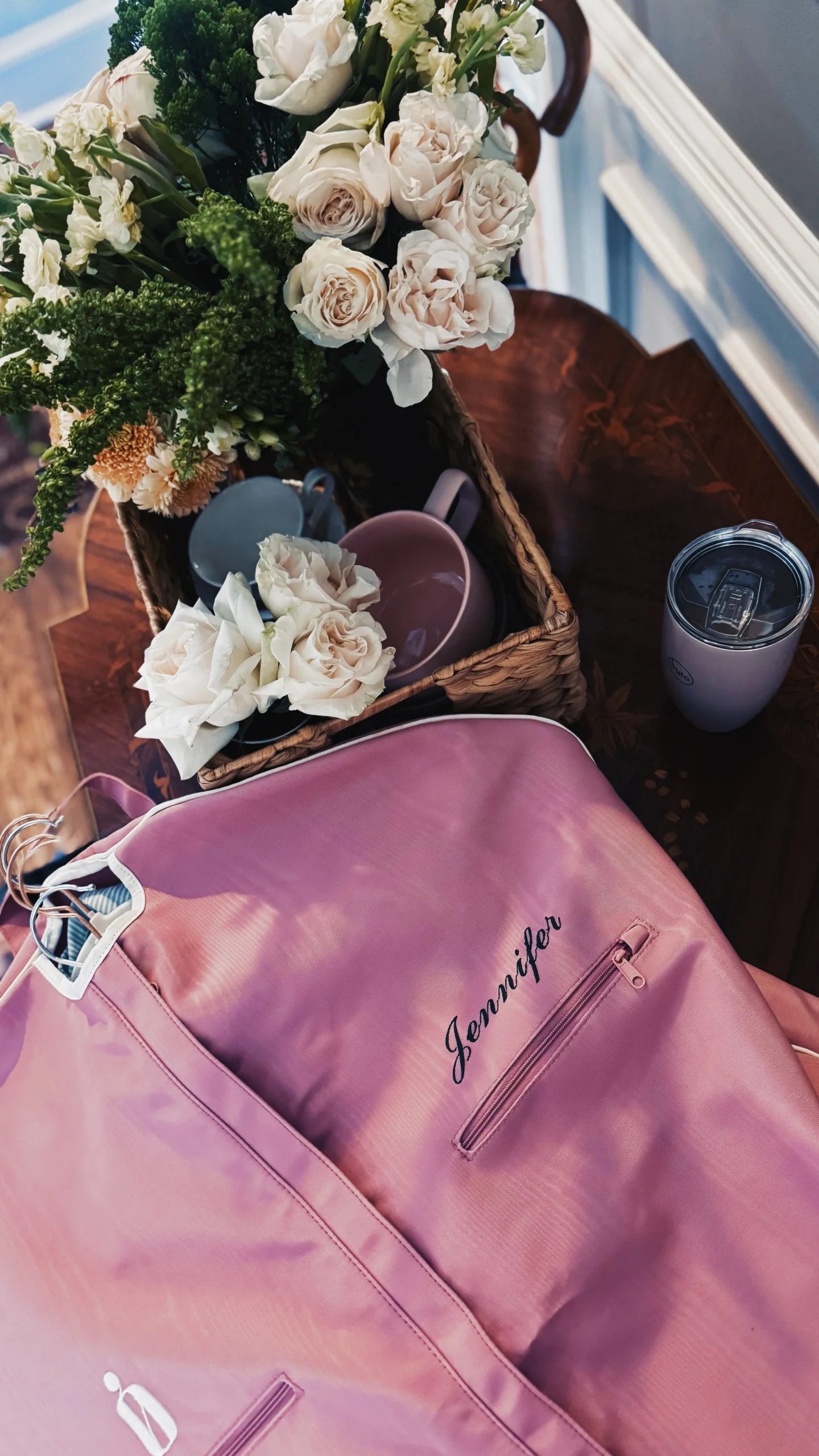 Pink hanging garment bag