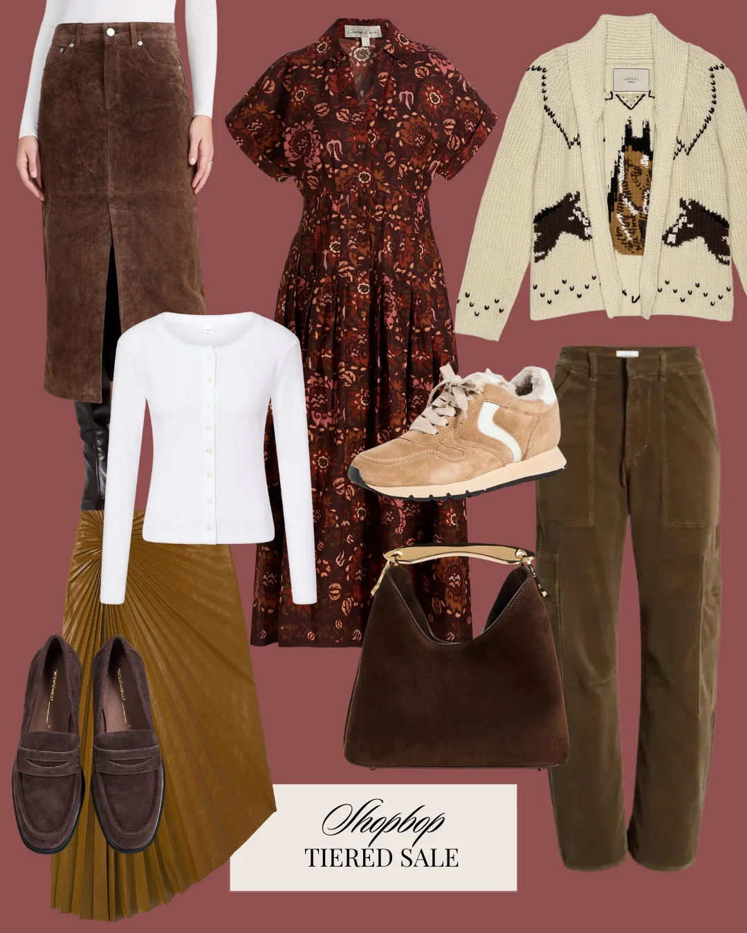 Shopbop Tiered Sale collage featuring a brown suede midi skirt, dark floral dress, horse-pattern cardigan, white cardigan, pleated skirt, green pants, shearling sneakers, brown suede loafers, and a chocolate suede shoulder bag.