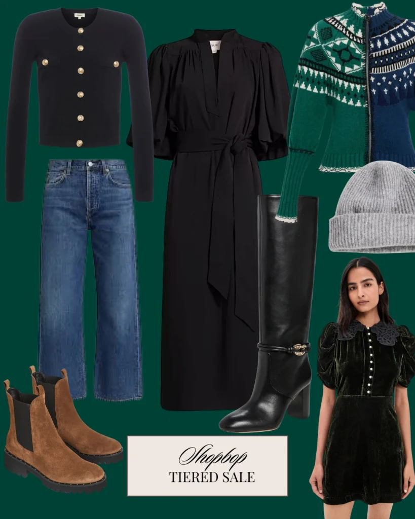Shopbop Tiered Sale collage on a dark green background featuring a navy button cardigan, blue jeans, black belted midi dress, brown suede Chelsea boots, tall black boots, green-and-navy patterned zip sweater, gray knit beanie, and a dark green velvet mini dress.
