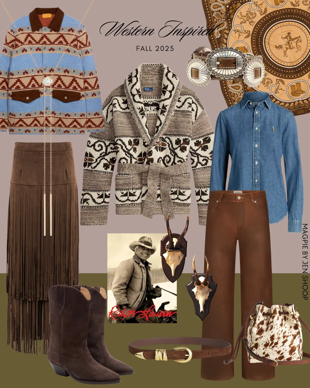 Western-inspired fashion collage for Fall 2025 featuring patterned knit sweaters, a belted cardigan, fringe suede skirt, denim button-down, brown pants, cowboy boots, a tooled leather bandana, a concho belt, a leather belt, mounted horn decor, a Ralph Lauren western image, and a cowhide bucket bag.