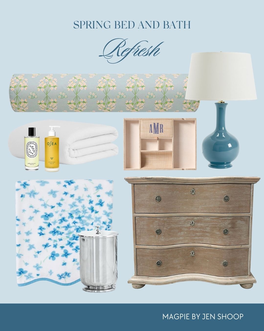 Spring bed and bath refresh collage.