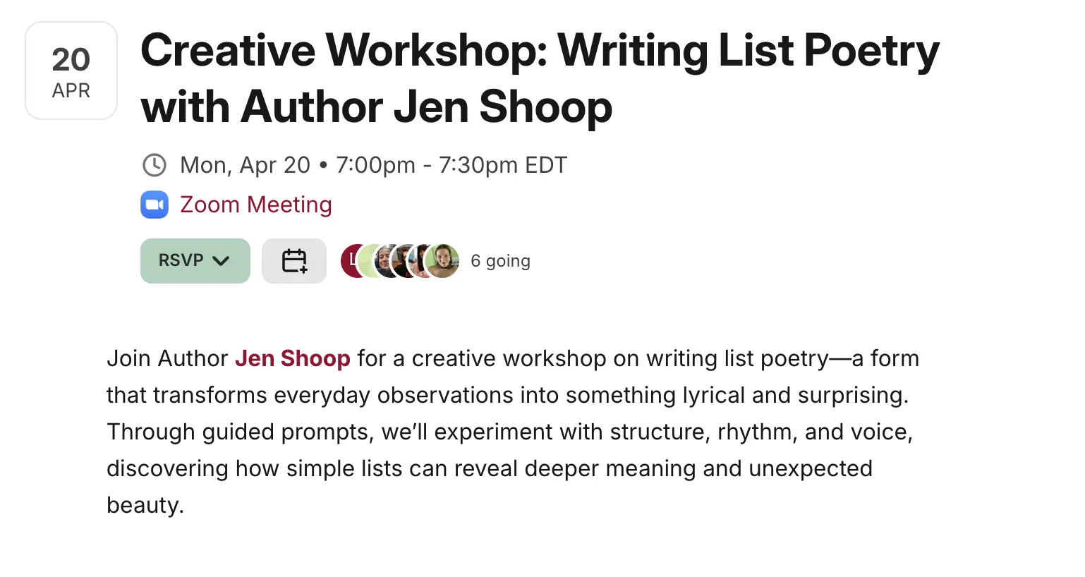 Jen Shoop list poetry workshop