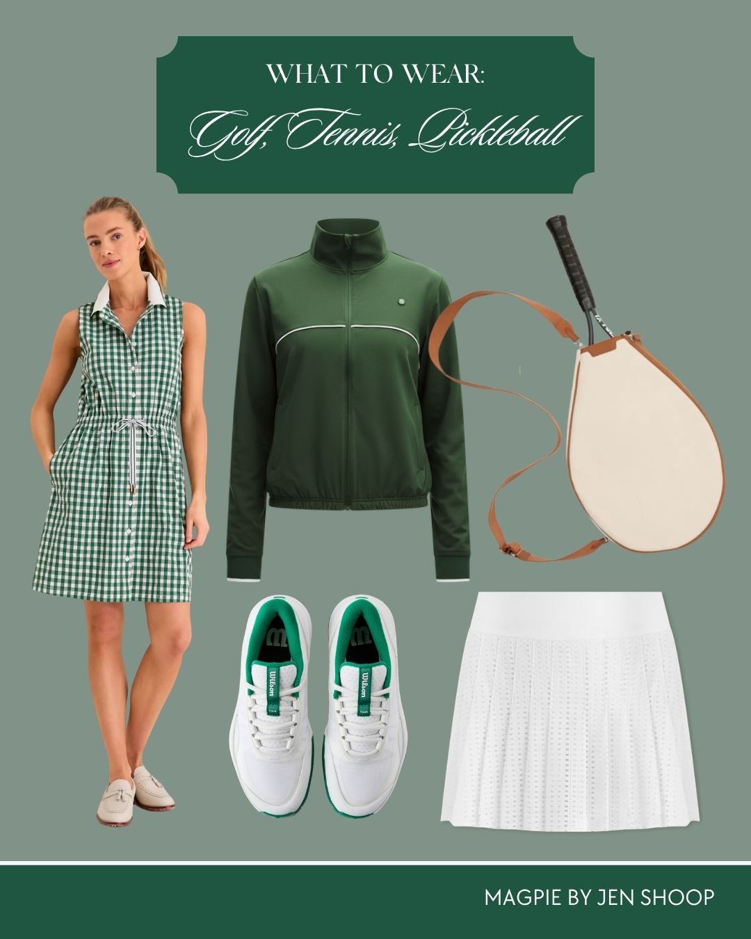 What to wear for golf, tennis, pickleball collage. 