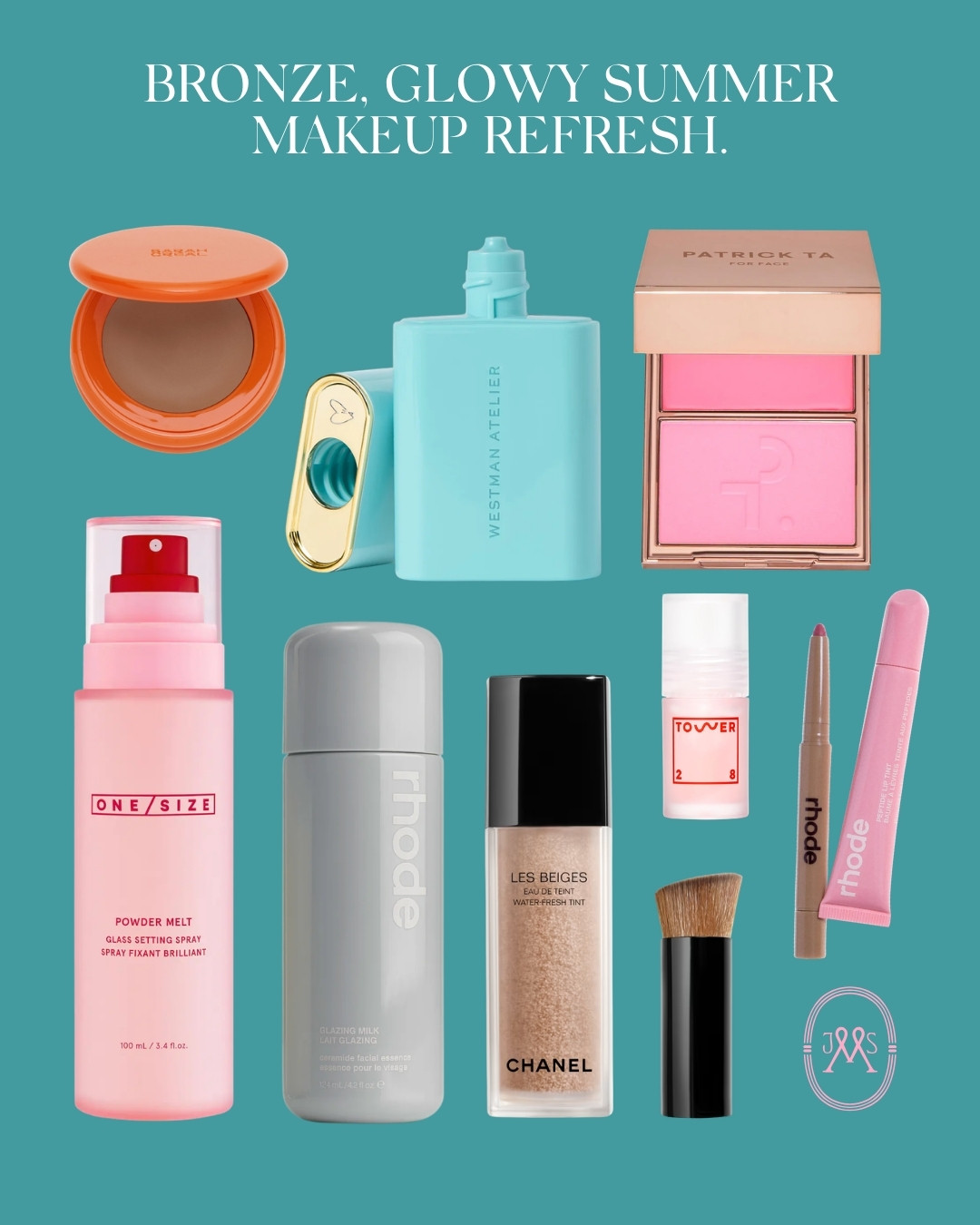 Bronze, glowy summer makeup refresh collage. 