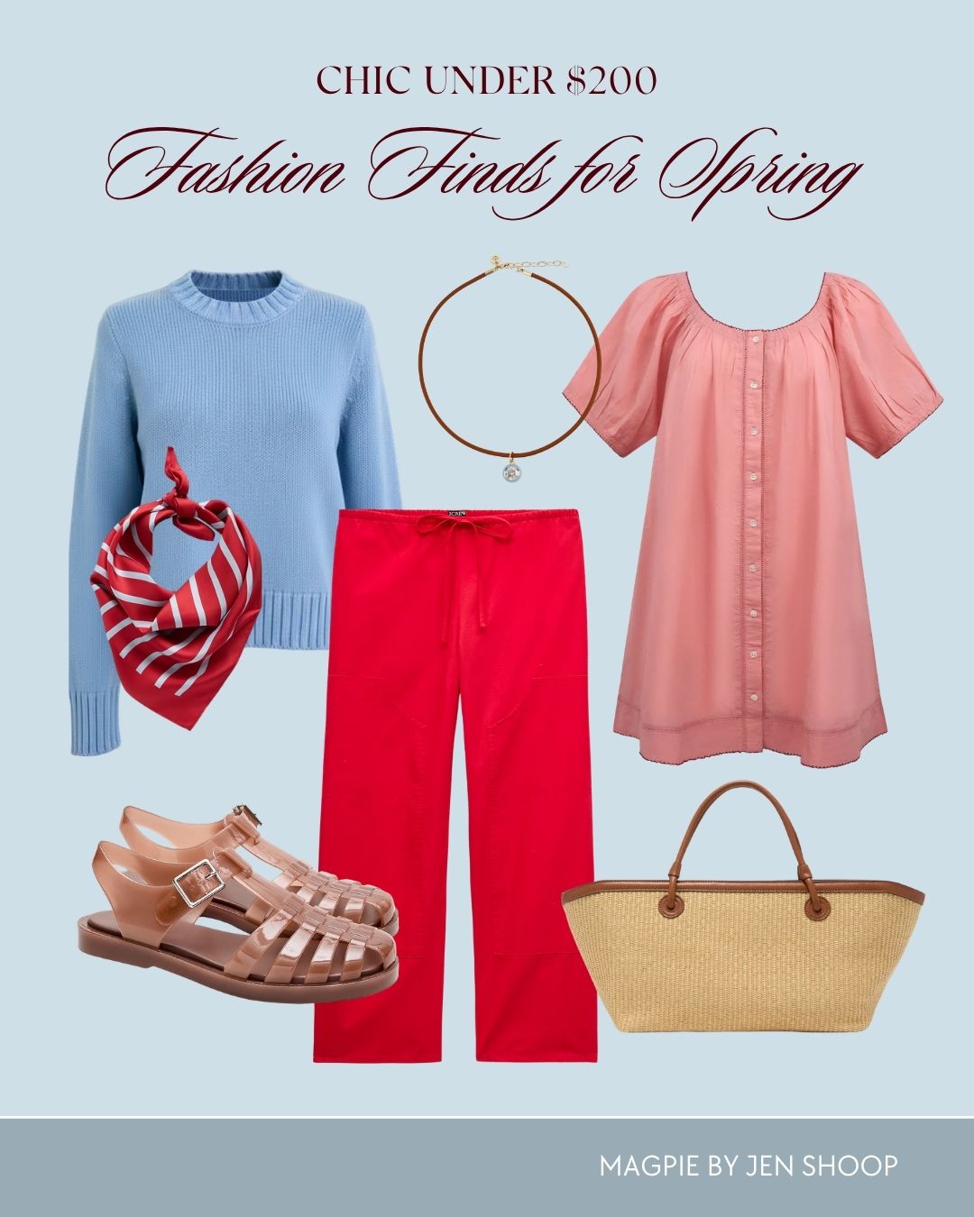 Under $200 fashion finds for spring collage. 