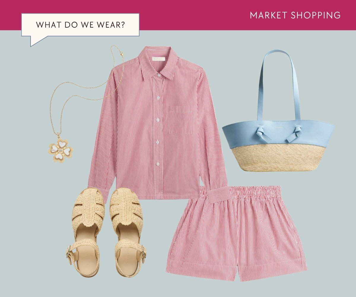What to wear: market shopping collage.