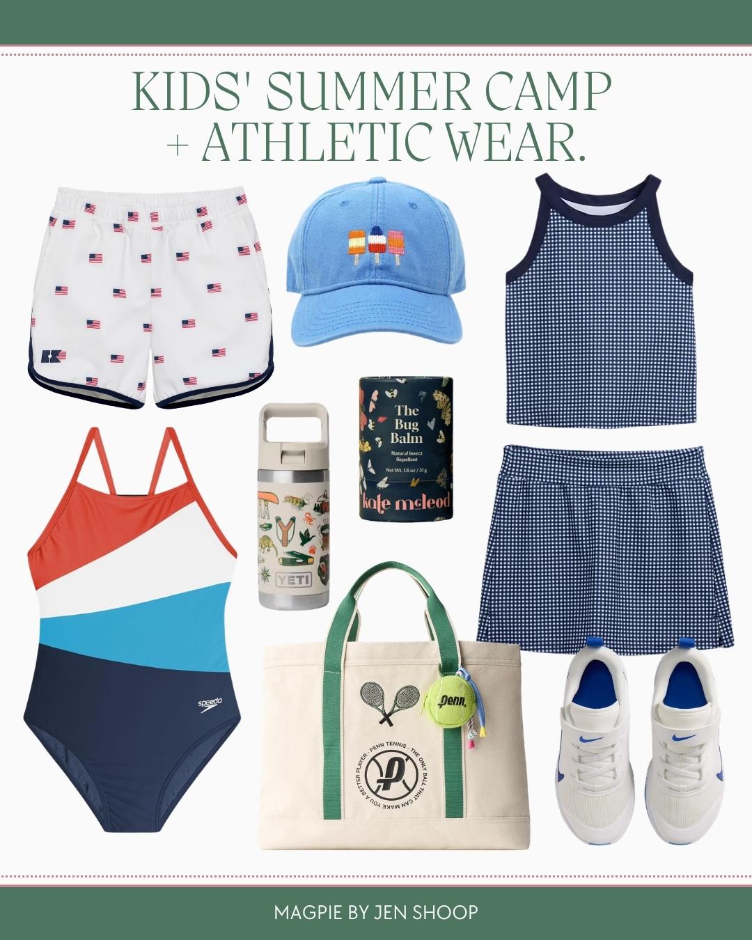 Kids' summer camp + athletic wear collage.