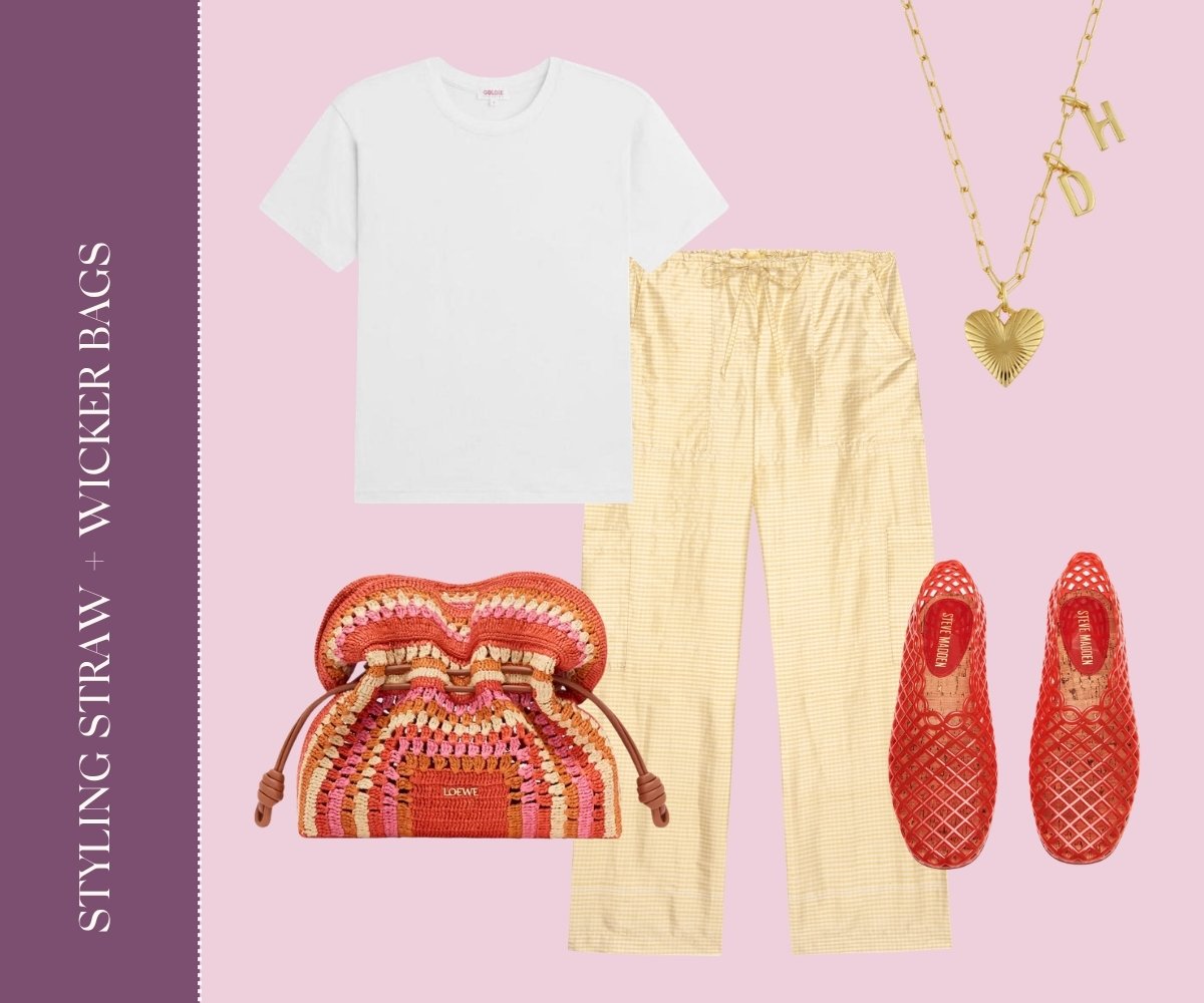 Styling straw + wicker bags collage.