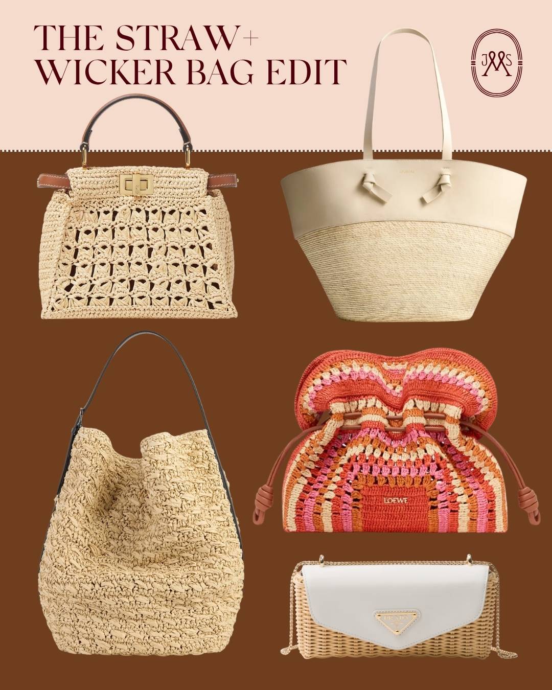 Styling straw + wicker bag edit collage.