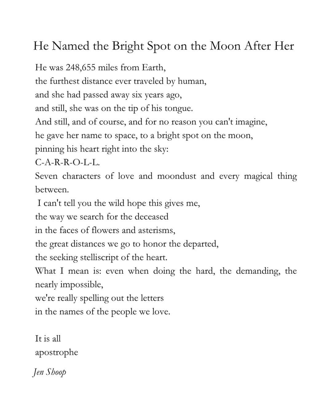 he named the bright spot on the moon after her