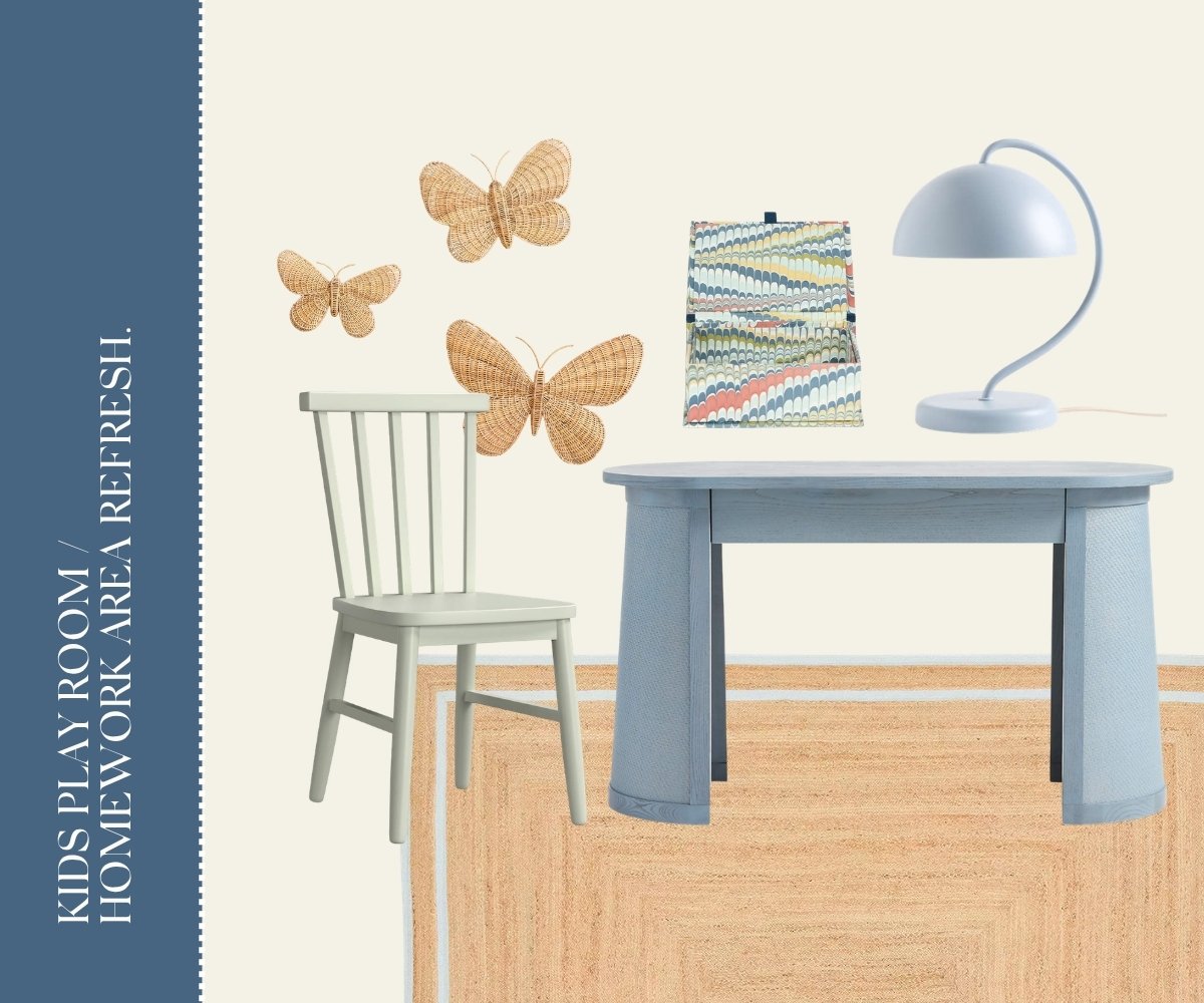 Styling kids' playroom/homework refresh collage.